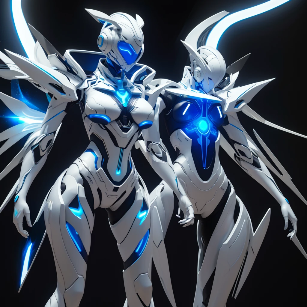 Dronificated unknown woman in a fully enclosed white latex fullbody suit with blue lights across the suit and star shaped glowing core in the chest, huge breast, narrow waist, wide hips and thick thigs, in a storage
