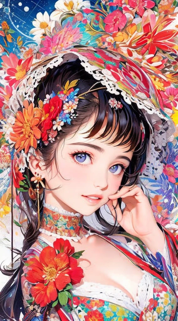 cute、Perfect Anatomy、Picturesque、sketch、texture、solo、Very detailed、(Fractal Art:1.1)、(Gentle colors:1.1)、(Floral:1.6)、Most detailed、(Zentangle:1.2)、(Dynamic pose)、(Abstract background:1.3)、(Glowing Skin)、(Many colors:0.8)、、(Earrings:1.4)、(feather:0.9)、Taisho romance,(masterpiece、highest quality、highest quality、Official Art、Beautiful and aesthetic:1.2)、