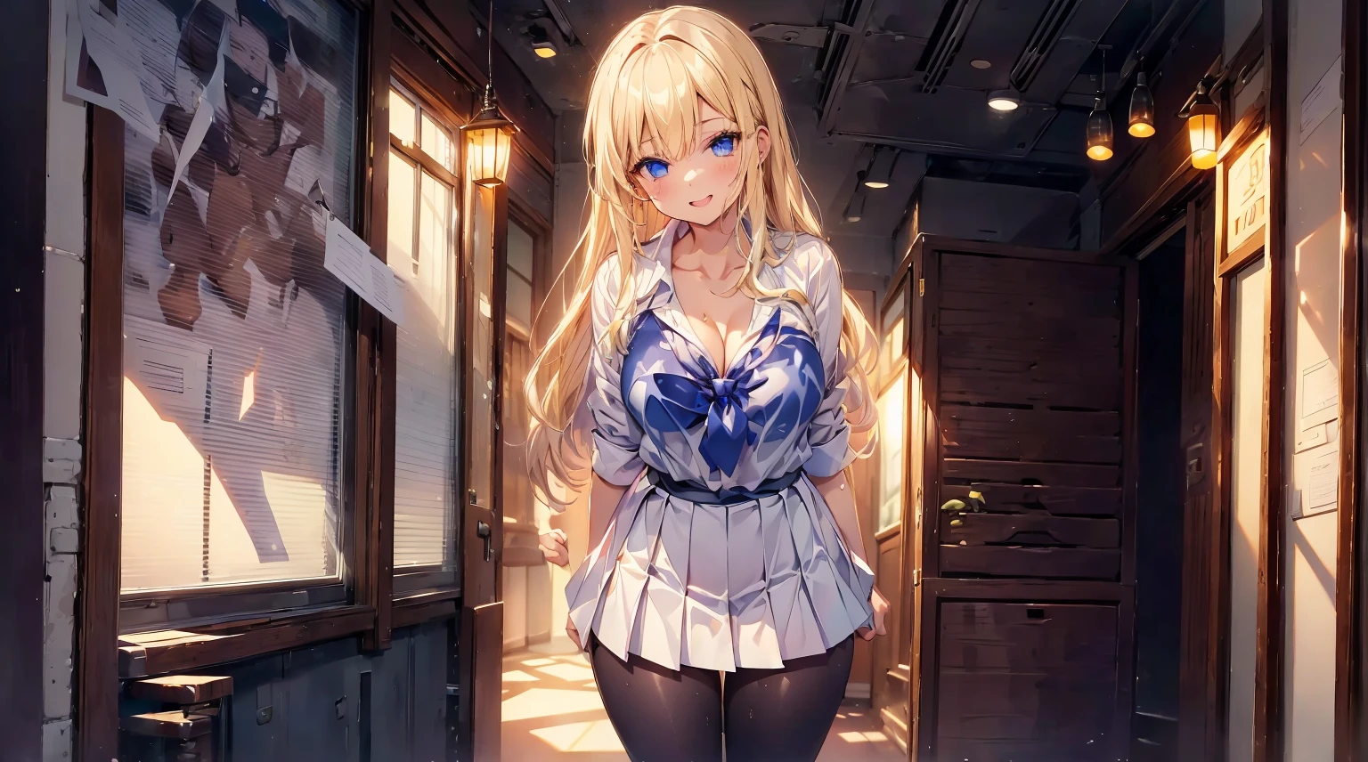 ((masterpiece、best quality、Super detailed))、A girl、gal、Blonde、pink gradient、long hair、curls、Light blue eyes、Evil smile、((Open your mouth and stick out your tongue))、Medium breasts、((White shirt))、Short sleeve、black tie、((Black pleated skirt))、Cowboy shooting、((bend over:1.2))、Shooting from the front，indoor，（Outside the door）
