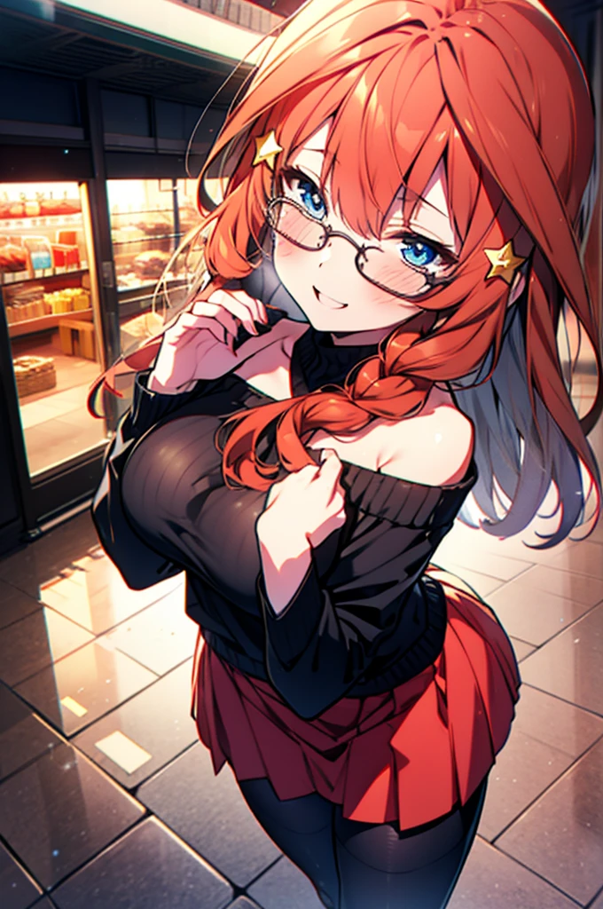 itsukinakano, Itsuki Nakano, bangs, blue eyes, Hair between the eyes, Ahoge, Redhead, star \(symbol\), hair ornaments, star hair ornaments,happy smile, smile, Open your mouth,blush,Akabuchi Glasses,Big Breasts,Long braids,One-shoulder sweater,Long skirt,Black pantyhose,short boots,Daytime,walking,whole bodyがイラストに入るように,crowd, people々々,
break indoors, Shopping mall,
break looking at viewer, whole body,(Cowboy Shot:1. 5) ,
break (masterpiece:1.2), highest quality, High resolution, unity 8k wallpaper, (figure:0.8), (Beautiful fine details:1.6), Highly detailed face, Perfect lighting, Highly detailed CG, (Perfect hands, Perfect Anatomy),