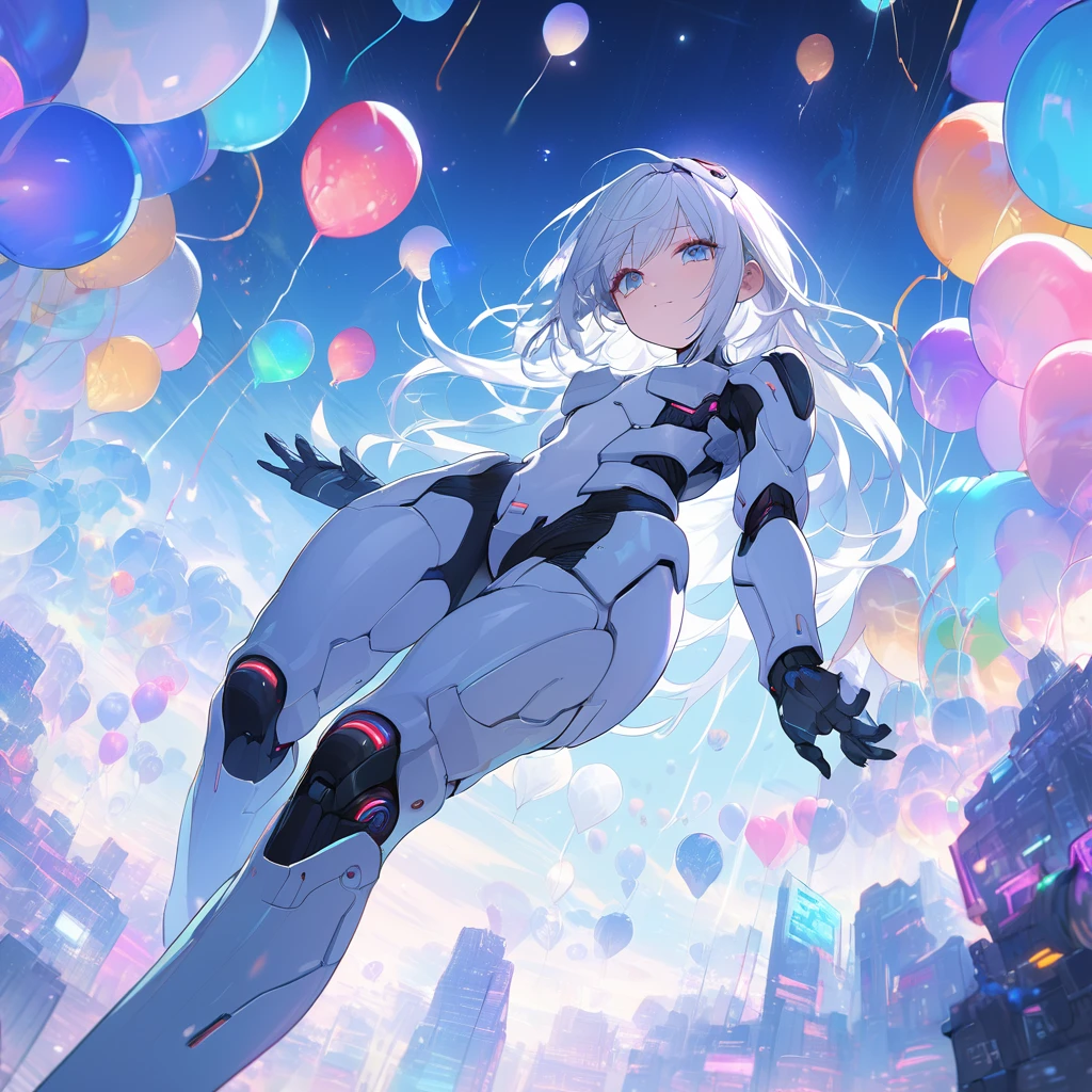 Real CG art of the creative world,A picture of a cyborg girl chasing colorful balloons in a cyber world.The girl has long white hair Blue and white cyborg style body,Body with a lot of exposed machinery,Clear blue neon light from the suit,No decoration on the head, a cyber space like the anime Ghost in the Shell,At the end of the cyber space, there are lights and many colorful balloons.The girl is reaching out and chasing the balloon,The girl's beautiful hair texture, beautiful face,Beautiful depiction of the cyber suit mechanism,Beautiful depiction of balloons,The feeling of no writing in the cyberspace,A perspective looking up at the balloon from below.(Masterpiece, Best Quality, 4k, 8k,1.2) Ultra Detail