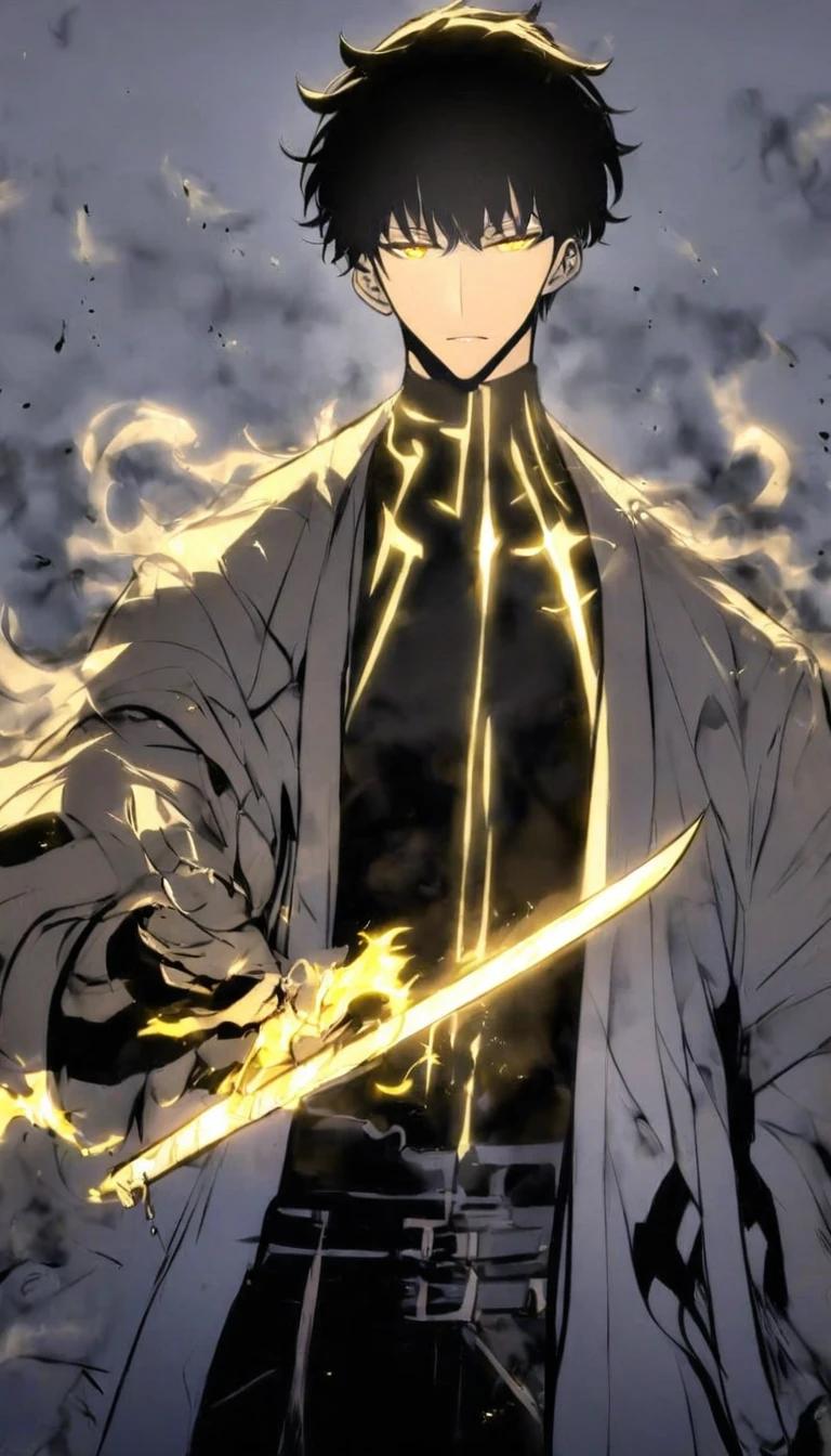 Handsome, alone, male, Short hair, Calm head, black hair, yellow eyes, black shirt, black pants, white coat, white flame, holding a katana in one hand, holding a sword in hand, The blade glows yellow and white