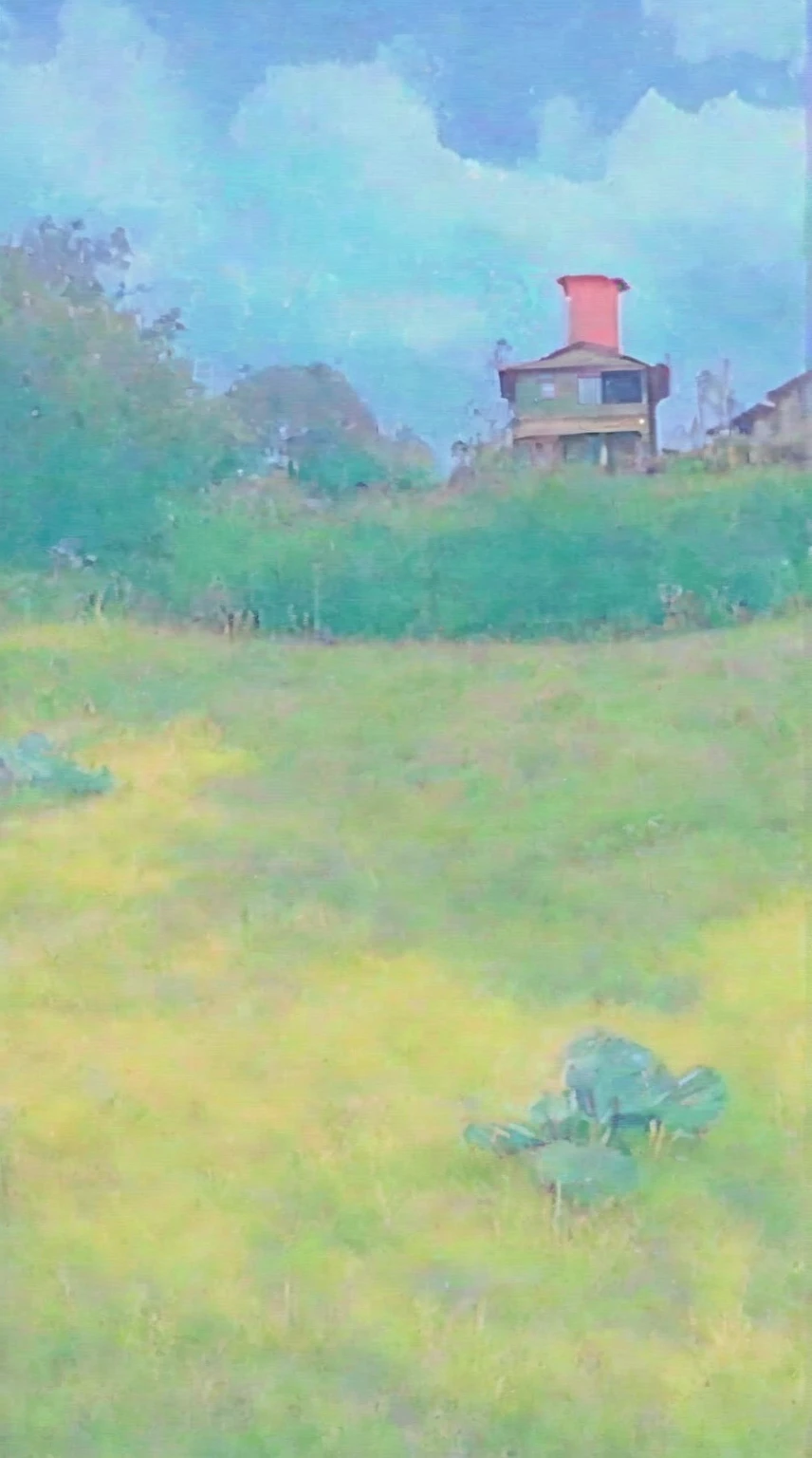 Poster de fotografia antiga, old illustration, vhs, old camera, campo de grama com casa de cogumelo ao fundo.
