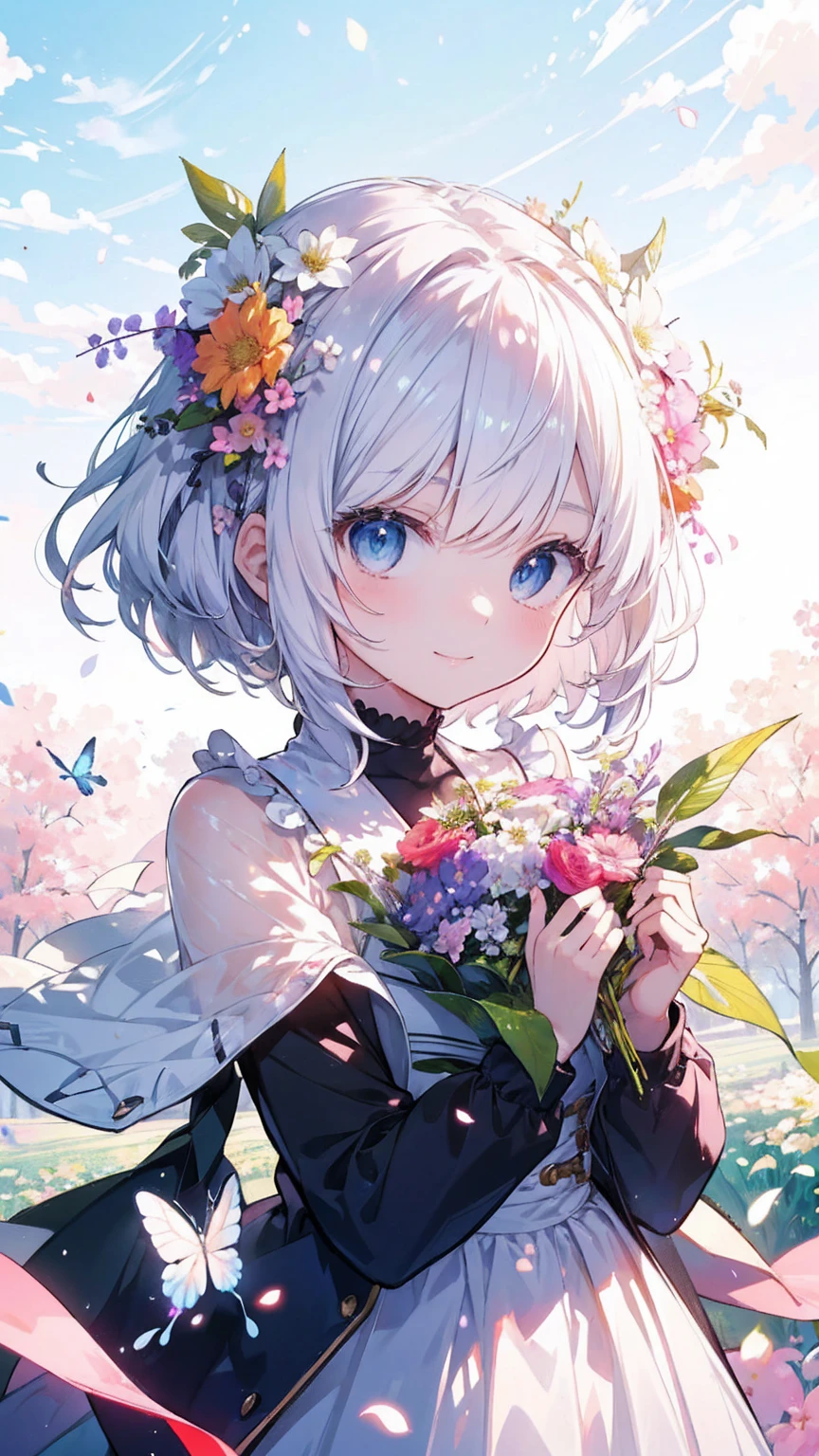 (masterpiece、highest quality) 、 anime girl with blue eyes and white hair, in a field with a lot of butterfly、Adorable smile、looking at the camera、put flowers and leaves on your head、digitalis, best anime 4k konachan wallpaper, top rated on pixiv
