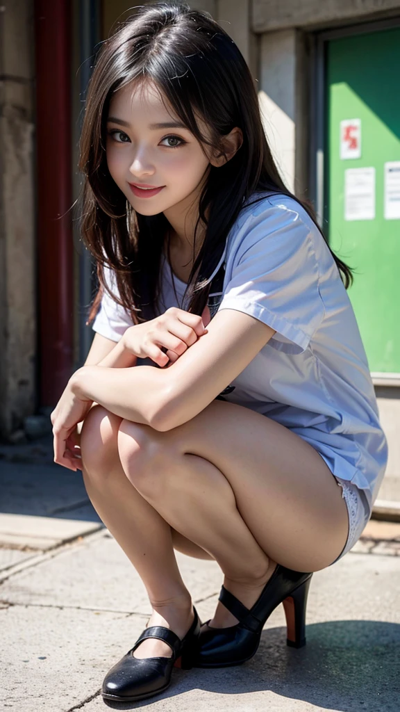 (Live-action realistic style),(Squatting while showing panties),8k、RAW Photos、High resolution.(Full body photo from face to ankles)、(Perfect Anatomy)、Turning pose、1 female 、Detailed skin、Glowing Skin、Baby Face、Beautiful Eyes、Small face、smile、Black Hair、School corridor、Beautiful ass