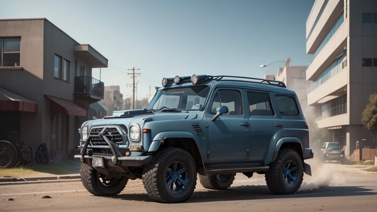 a dark bluish-gray metallic 4x4 1950s SUV driving through a fantasy urban landscape, no logos, detailed worm-like colors, a small building in the background, high detailed, color magic, saturated colors, color saturation, photorealistic, 8K, HDR