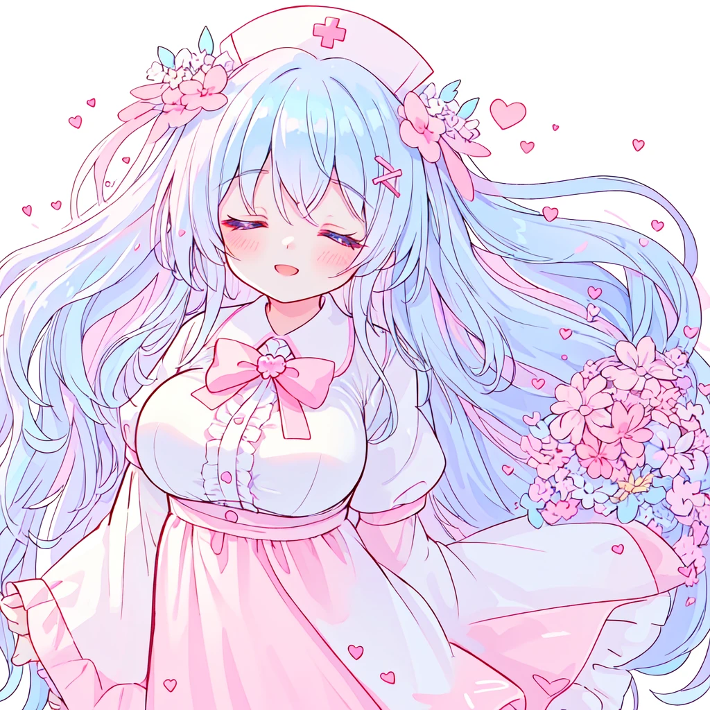 beautiful a girl wearing a pink nurse uniform and a pink nurse cap,, (highest quality,masterpiece,16K or 8K,Super detailed,gradient glitter ),(Upper body、front), background Colorful heart, beautiful, masterpeace, highest quality、gradient hair, light blue hair, floating hair, wavy hair,fluffy hair、 Hair in the wind, pastel wreath heart-shaped hairpins with a red cross inside, Lavender colored eyes,large breast, long eyelashes, beautiful eyes, light smile, bright pupils, (a girl closed her eyes and opens her mouth and smiles happily.),digital illustration, highest quality,High resolution, romantic academia, romantic atmosphere, fantasy, white background, happy, laughing,