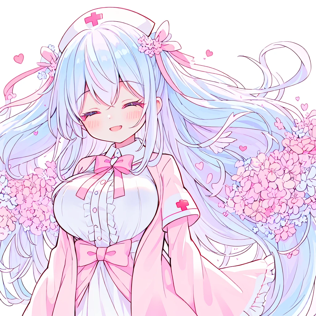 beautiful a girl wearing a pink nurse uniform and a pink nurse cap,, (highest quality,masterpiece,16K or 8K,Super detailed,gradient glitter ),(Upper body、front), background Colorful heart, beautiful, masterpeace, highest quality、gradient hair, light blue hair, floating hair, wavy hair,fluffy hair、 Hair in the wind, pastel wreath heart-shaped hairpins with a red cross inside, Lavender colored eyes,large breast, long eyelashes, beautiful eyes, light smile, bright pupils, (a girl closed her eyes and opens her mouth and smiles happily.),digital illustration, highest quality,High resolution, romantic academia, romantic atmosphere, fantasy, white background, happy, laughing,