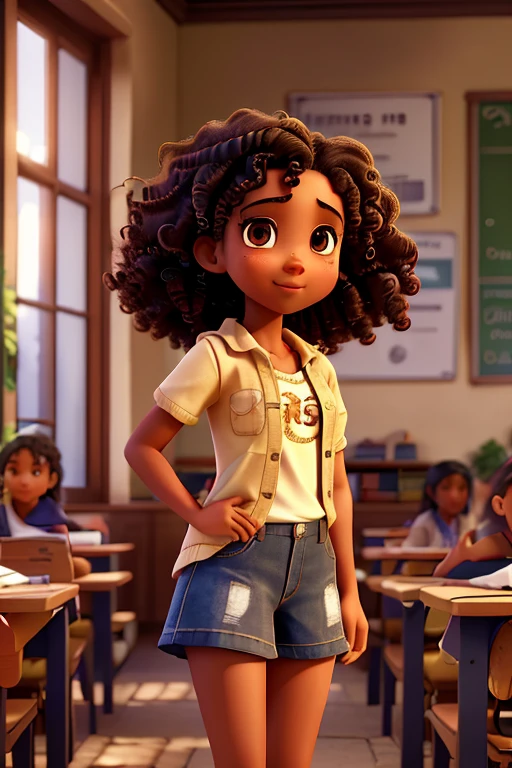  young university student girl, mixed skin, curly hair, image full body, in the classroom, front view, cinematic lighting, intricate details, warm color tones, natural setting, elegant pose, casual clothing, expression serene, lush greenery, detailed foliage, cobblestone path, dappled sunlight, atmospheric perspective, depth of field, happy face
