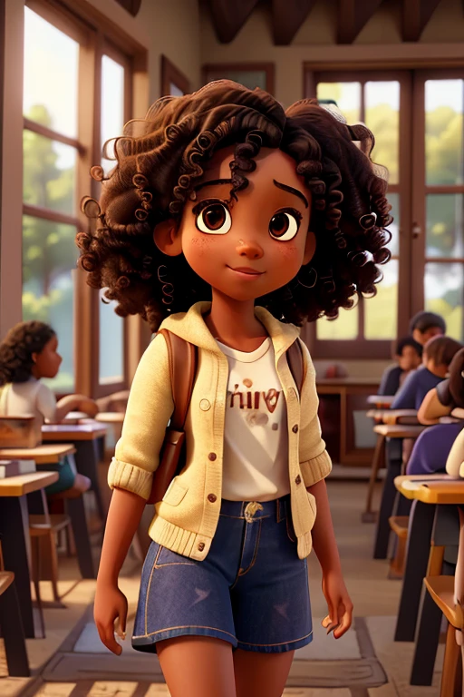  young university student girl, mixed skin, curly hair, image full body, in the classroom, front view, cinematic lighting, intricate details, warm color tones, natural setting, elegant pose, casual clothing, expression serene, lush greenery, detailed foliage, cobblestone path, dappled sunlight, atmospheric perspective, depth of field, happy face

