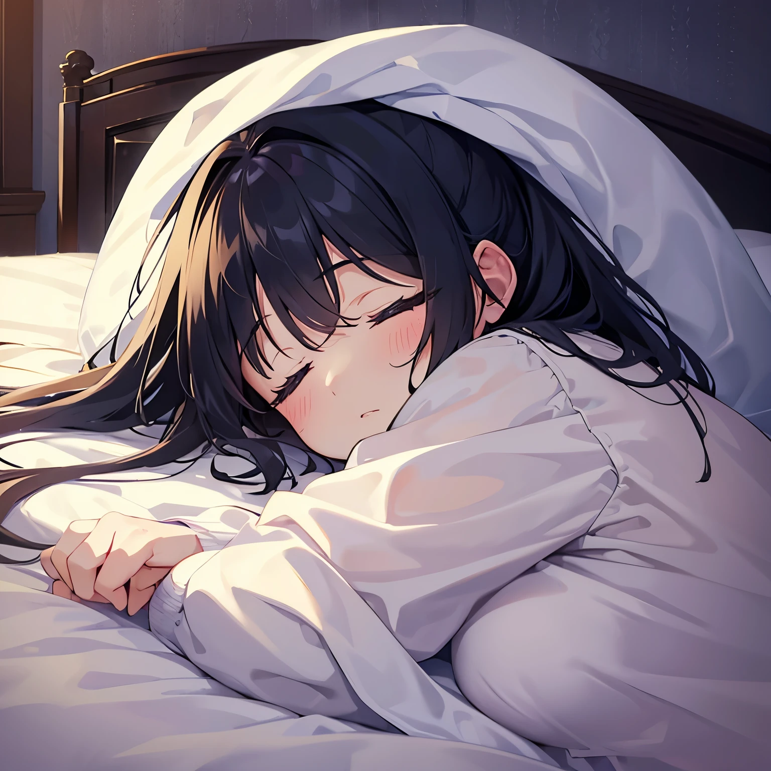 Pathetic girl, crying on the bed, blanket wrapped her body