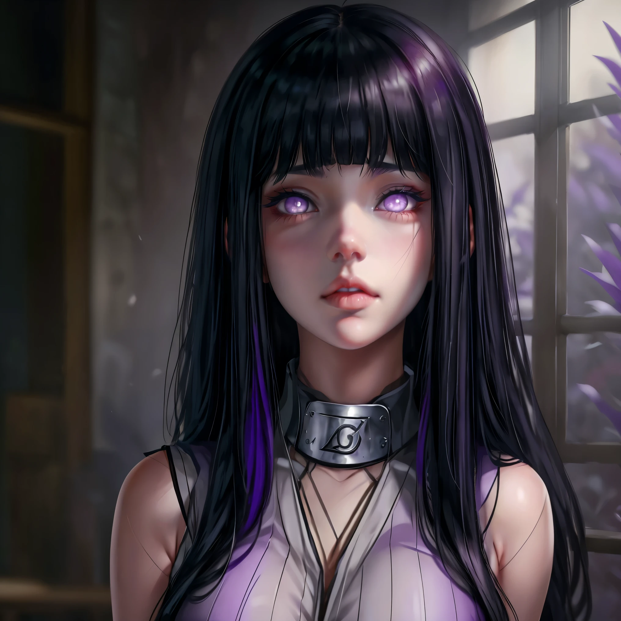 1girl, adult, Hinata Hyuga, the last, shy girl, long black hair, blunt bangs, dark hair, Voluminous hair, lavender eyes, no pupils, Lavender Sleeveless Blouse, big breasts, slim waist, masterpiece, best quality, Professional, realistic.