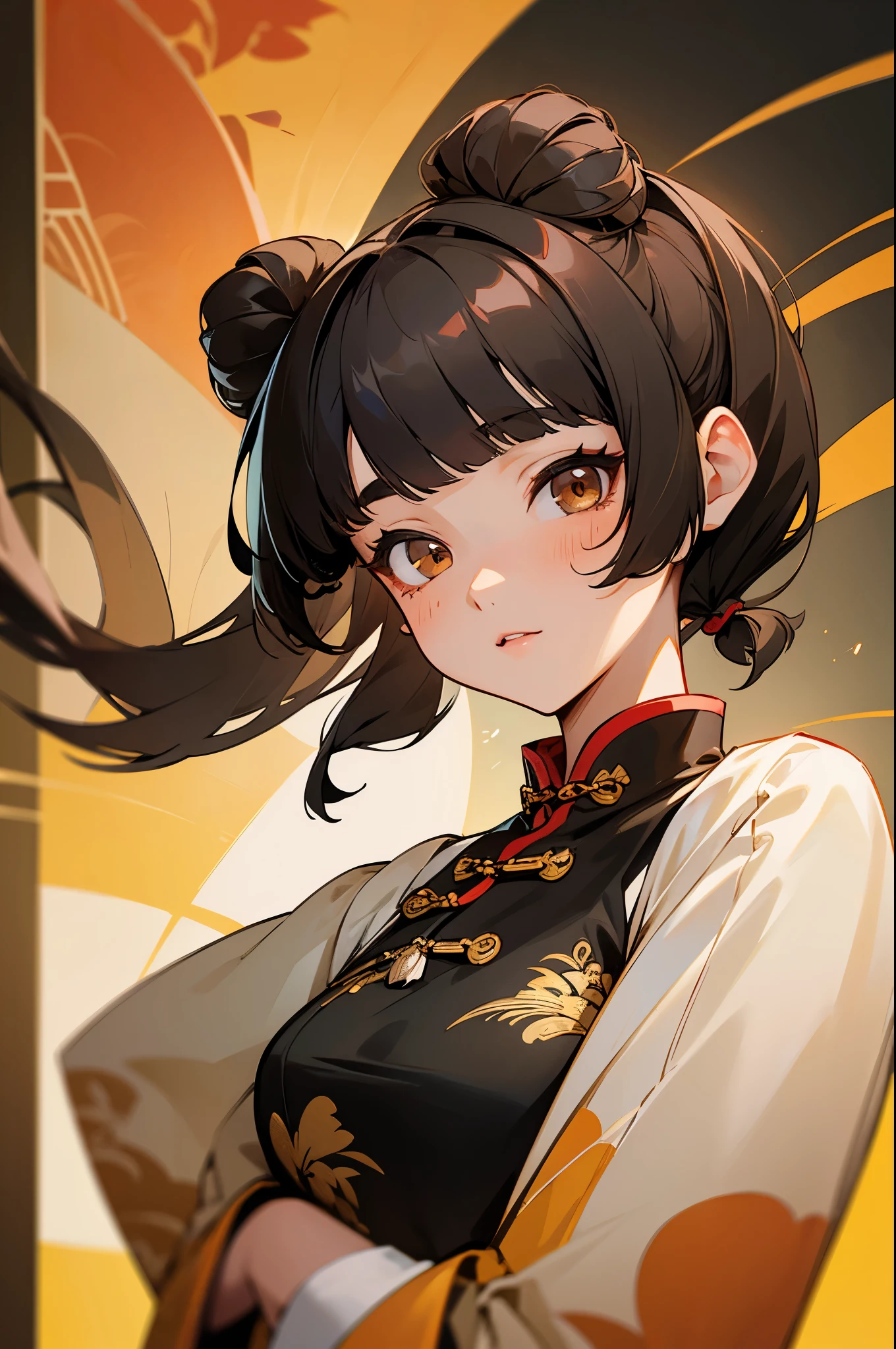 girl,full body,(detailed face:1.2), masterpiece, fashion,chinese dress,, medium hair, black hair, twintails, blunt bangs, brown eyes,
