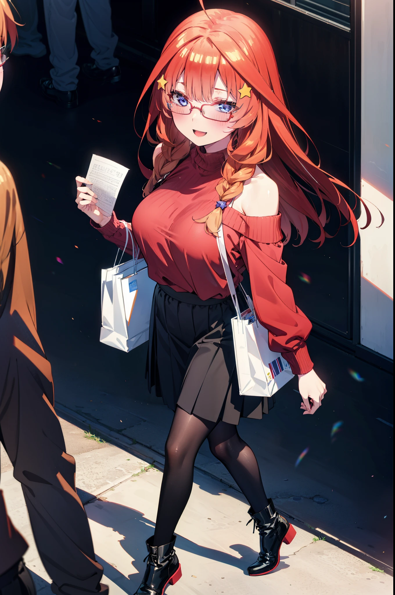 itsukinakano, Itsuki Nakano, bangs, blue eyes, Hair between the eyes, Ahoge, Redhead, star \(symbol\), hair ornaments, star hair ornaments,happy smile, smile, Open your mouth,blush,Akabuchi Glasses,Big Breasts,Long braids,One-shoulder sweater,Long skirt,Black pantyhose,short boots,Daytime,walking,whole bodyがイラストに入るように,crowd, people々々,
break indoors, Shopping mall,
break looking at viewer, whole body,
break (masterpiece:1.2), highest quality, High resolution, unity 8k wallpaper, (figure:0.8), (Beautiful fine details:1.6), Highly detailed face, Perfect lighting, Highly detailed CG, (Perfect hands, Perfect Anatomy),