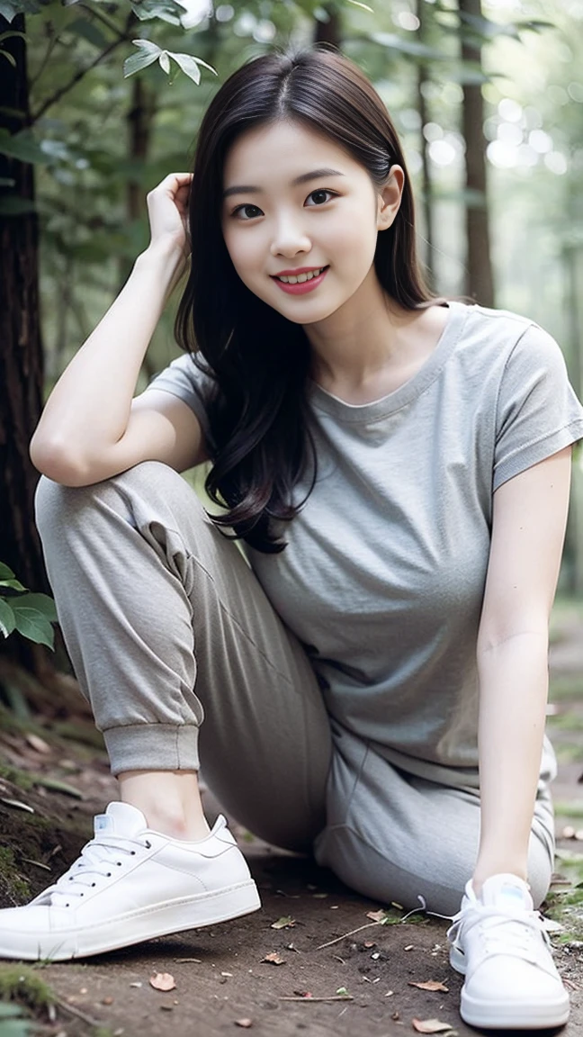 masterpiece, best quality, Surreal, Ultra Detailed, 8k resolution, RAW photos, Clear focus, (A girl in the forest), ((light gray shirt:1.1)), Short sleeve, Long sweatpants,Full body posture, Solitary, Perfect body, Become a, 32 inches in the chest,(a charming smile:1), (sexy pose),26 years old, light,White shoes