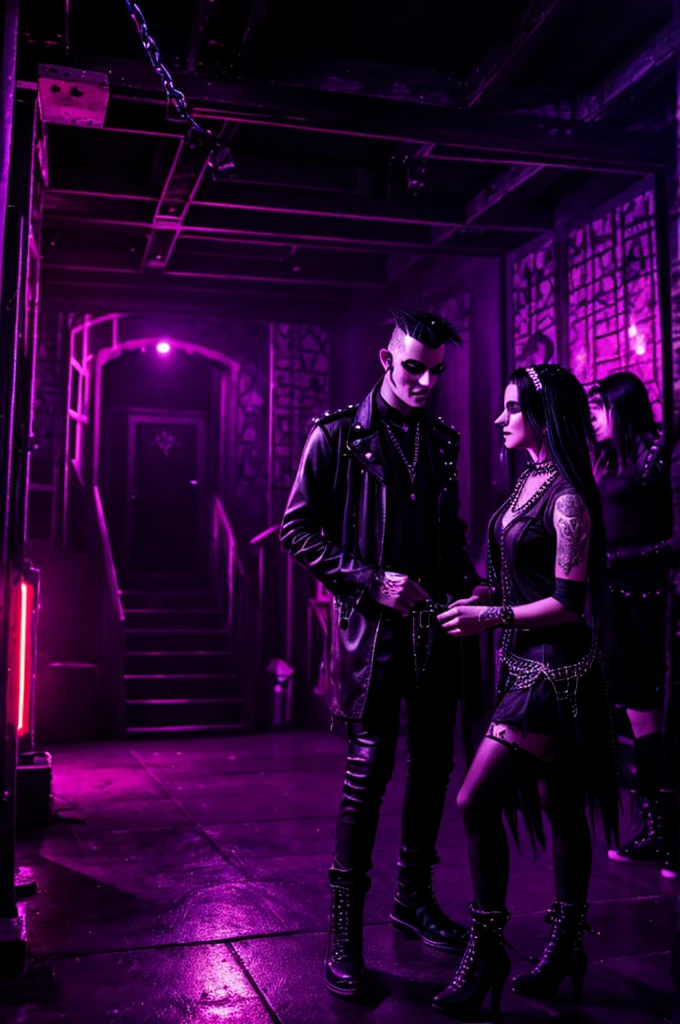 Goth style night club with Paintings of bats and castles on the walls. and Goths dancing with punk rockers and emo kids. Foggy neon lights. Industrial goth. Chains and spikes. Black metal music. Bar and dance floor.