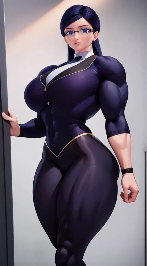 a muscular female bodybuilder in office suit, detailed face, beautiful detailed eyes, beautiful detailed lips, extremely detailed face and muscles, long eyelashes, strong muscles bulging through suit, dynamic pose, professional studio lighting, hyperrealistic, 8k, high quality, photorealistic, physically-based rendering, concept art, dramatic color palette