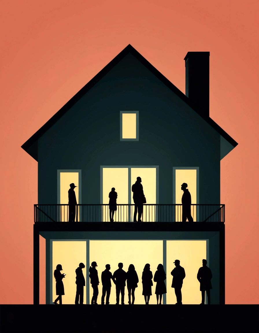 A simple silhouette of a house and a group of people, with a solid color background. minimalist design style