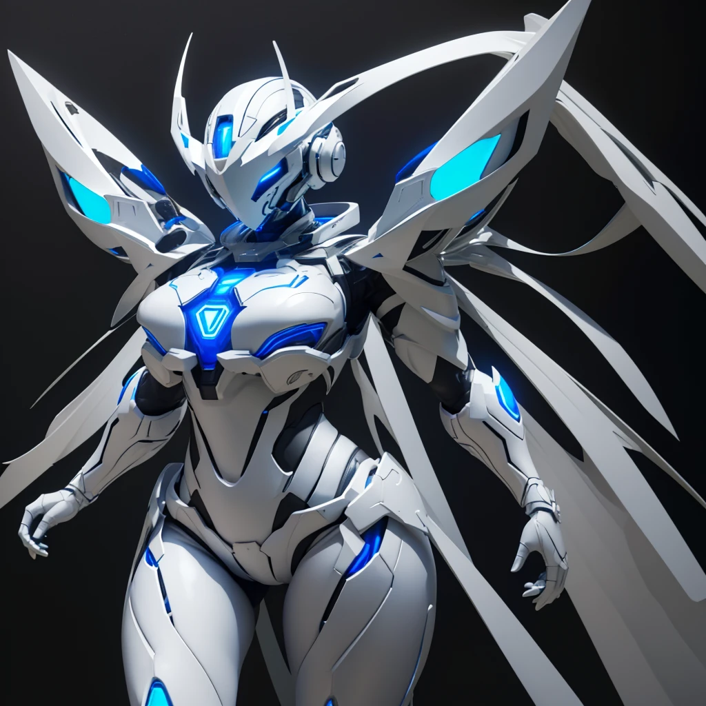 Dronificated unknown woman in a fully enclosed white latex fullbody suit with blue lights across the suit and star shaped glowing core in the chest, fully enclosed cyber helmet that cover her whole face and hides her identity with a blue screen that has a white star, huge breast, narrow waist, wide hips and thick thighs, Mechanical wings, in a forest, no face, no hair, no mouth, no eyes, (perfect anatomy)