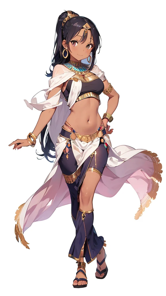 a woman in a traditional egyptian outfit and blue jewelry standing on room , 1girl, jewelry, solo, dark-skinned female, navel, dark skin, long hair, armlet, hand on hip, earrings, midriff, black hair, bracelet, breasts, skirt , smile