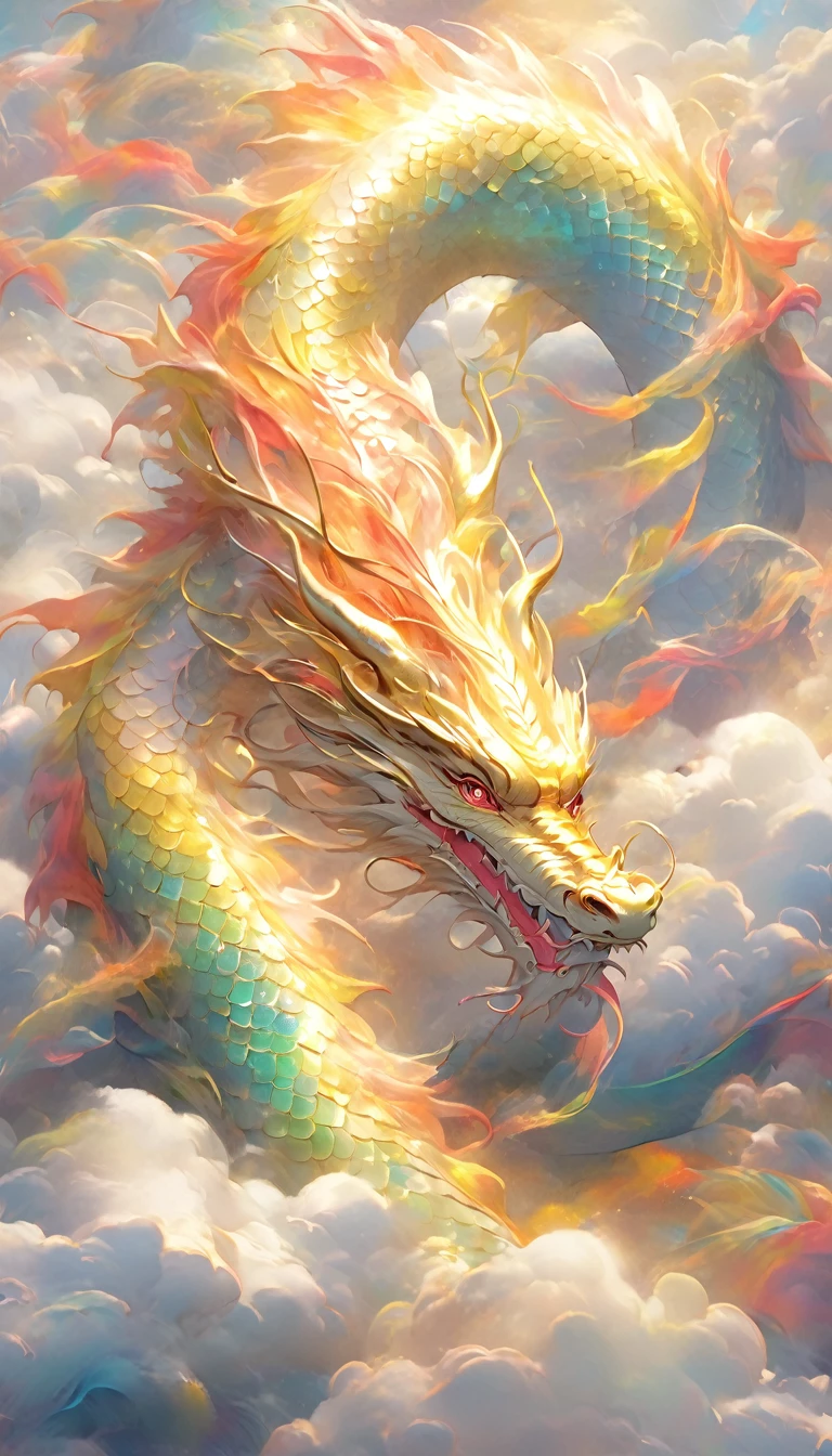 A dragon rises from the sea of clouds、Carrying great happiness、A giant gold and red body、High detail、high resolution、High color rendering、High resolution、Surreal、Realistic、Rainbow-colored、Pastel colored scales