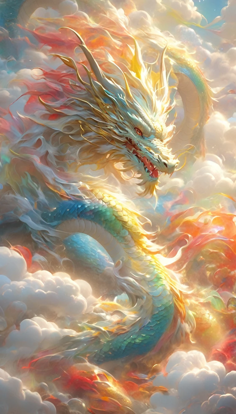 A dragon rises from the sea of clouds、Carrying great happiness、A giant gold and red body、High detail、high resolution、High color rendering、High resolution、Surreal、Realistic、Rainbow-colored、Pastel colored scales