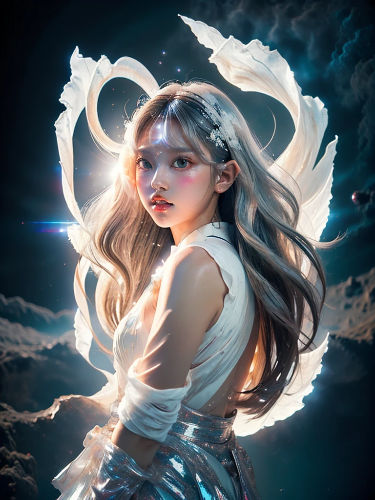 4K Ultra HD, masterpiece, A girl with a magical aura, Nice face, Long Hair, Shiny Hair, Fine grain, Glossy lips, Nude 1.5, Aura around the body, Magical Effects, Spreading white light, Cosmic elements and ethereal atmosphere, A mix of bright lights and colorful nebulae, Space Background,, Full Body Capture.(((Whitening 1.5)))、Silver Hair、(((Wearing white cloth 1.5)))、Hair and fabric fluttering in the wind、、Full Body Shot、Open your mouth、(((1.5)))、