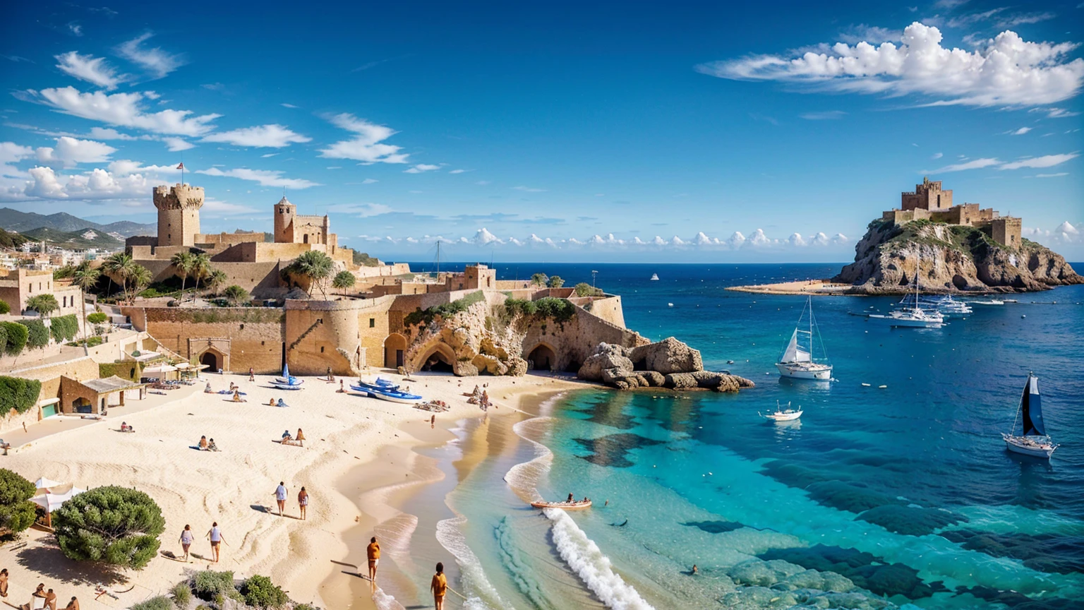 a detailed landscape of Castell de Eivissa beach in Ibiza, Spain, with clear blue water, yachts and boats in the background, intricate architecture, people enjoying the vibrant atmosphere, masterpiece, photorealistic, ultra-detailed, cinematic lighting, vibrant colors, golden hour, f5.6,