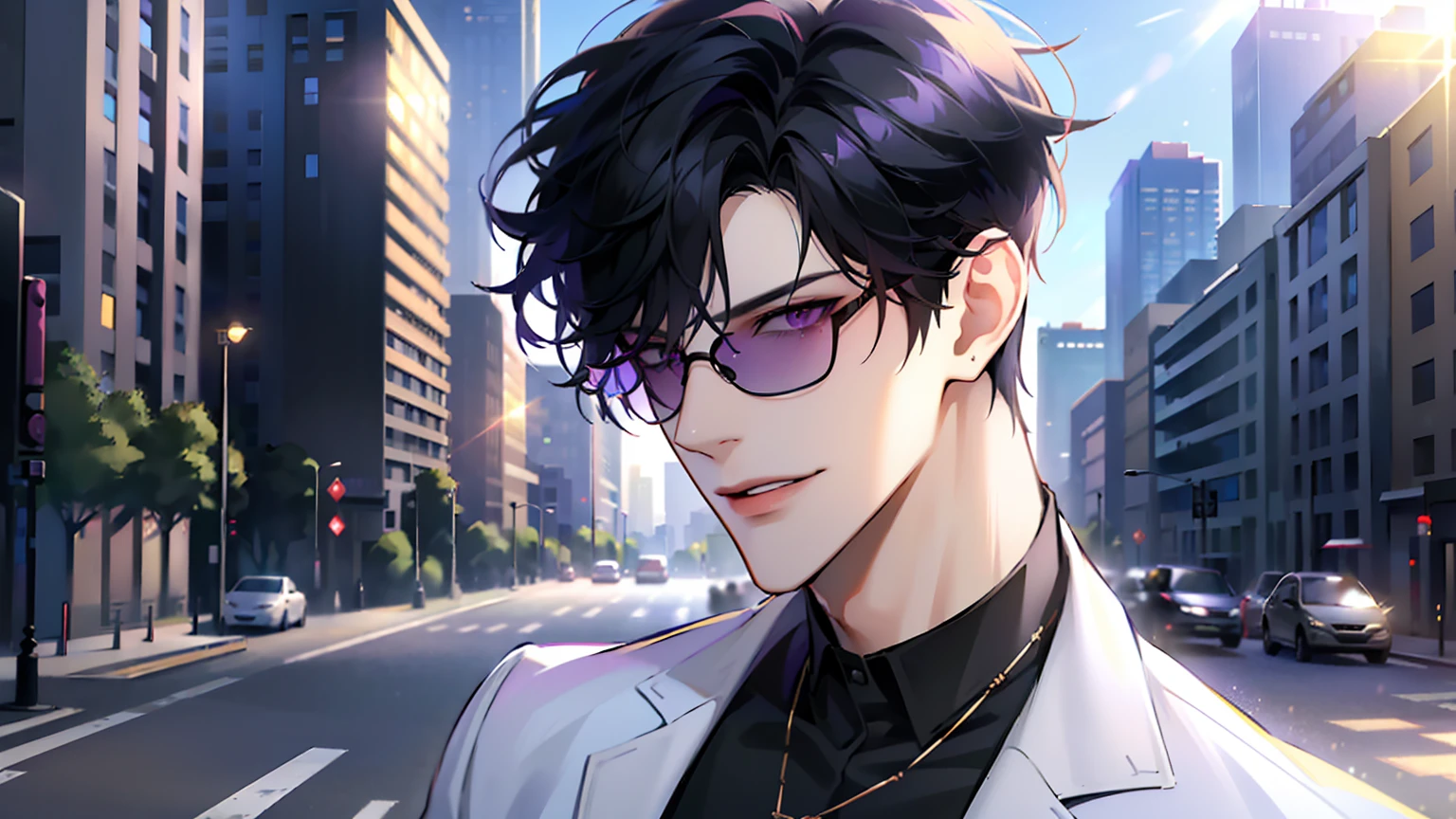(masterpiece, 4k, high quality:1.3), 1boy, solo, short hair, black hair, asymmetrical fringe, purple eyes, handsome, sharp eyes, (mature male, mature:1.2), male focus, fashionable, tucked in open purple collared shirt, necklace, close up, smile, city, street, sunshine, ((sunglasses)), windy