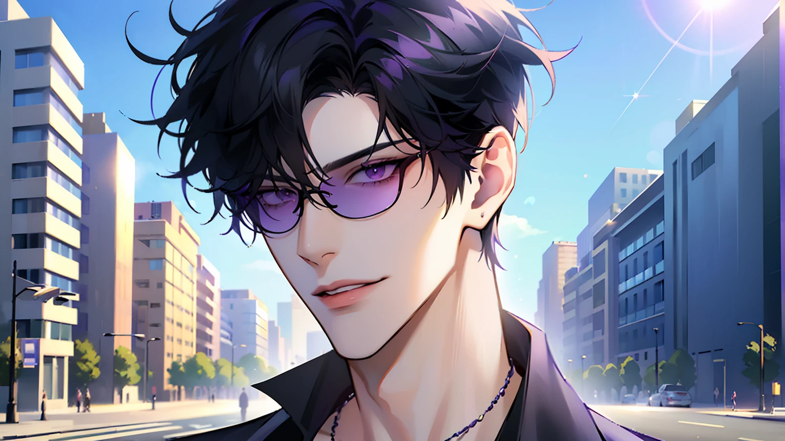 (masterpiece, 4k, high quality:1.3), 1boy, solo, short hair, black hair, asymmetrical fringe, purple eyes, handsome, sharp eyes, (mature male, mature:1.2), male focus, fashionable, tucked in open purple collared shirt, necklace, close up, smile, city, street, sunshine, ((sunglasses)), windy