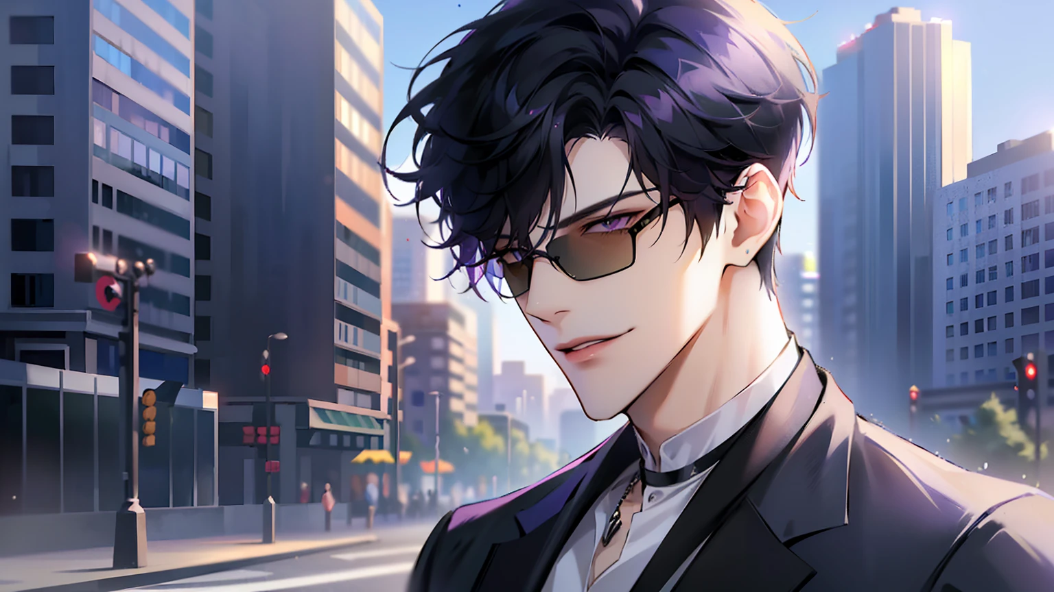 (masterpiece, 4k, high quality:1.3), 1boy, solo, short hair, black hair, asymmetrical fringe, purple eyes, handsome, sharp eyes, (mature male, mature:1.2), male focus, fashionable, tucked in open purple collared shirt, necklace, close up, smile, city, street, sunshine, ((sunglasses)), windy