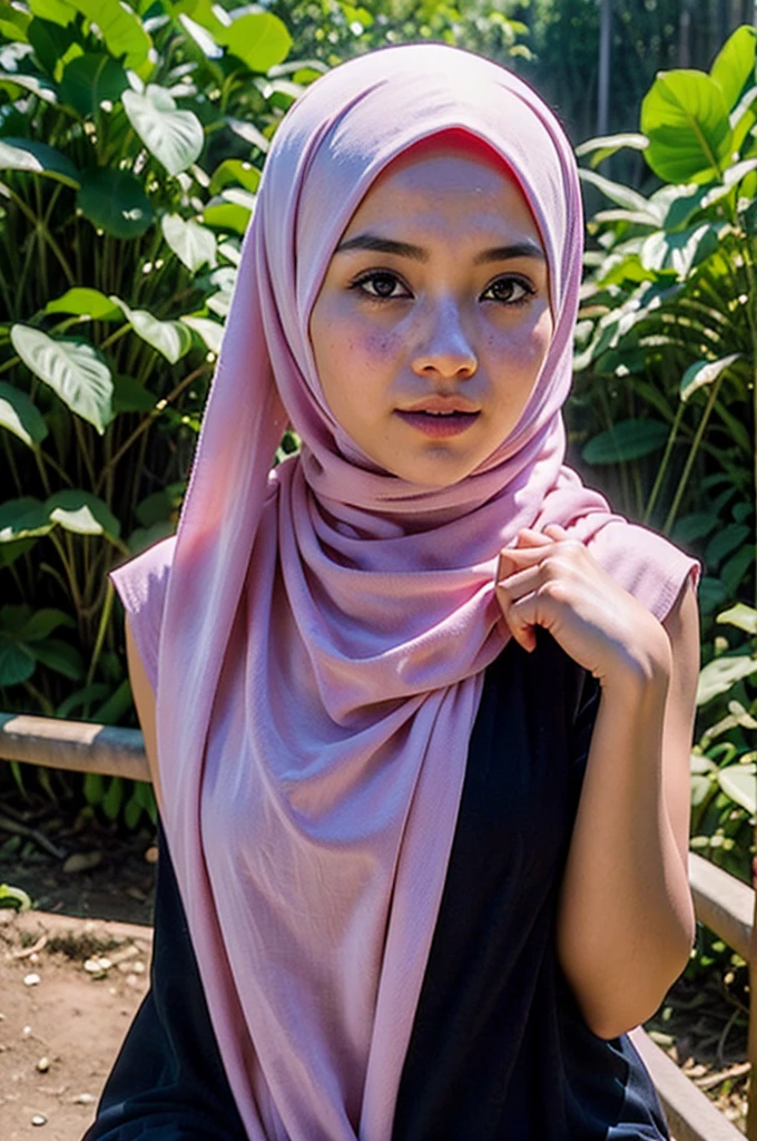 Photograph a Malay girl in hijab as she navigates the jungle, confidently commuting to work or school, showcasing her modern lifestyle in the heart of the city, 35mm lens, Extreme close-up, pastel color grading, depth of field cinematography effect, film noir genre, 8k resolution, high quality, ultra detail,