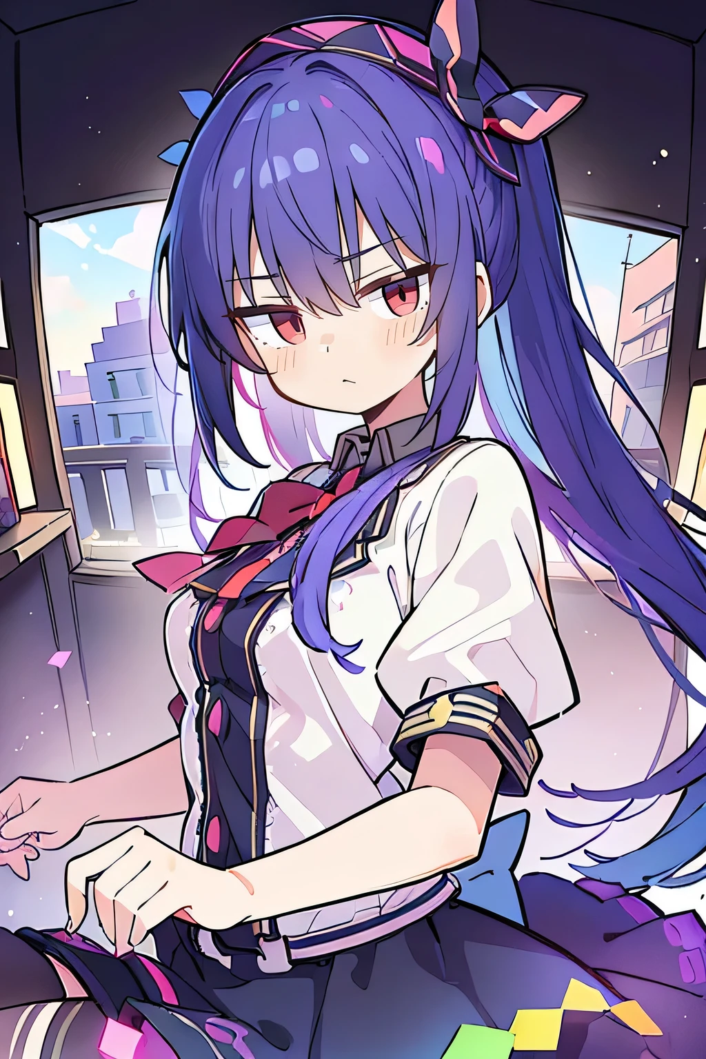 (Best Quality: 1.3), (Masterpiece: 1.3), (Illustration: 1.3), (Ultra Detailed: 1.3), (Imide Lens: 0.9), 1girl, Medium Breasts, Purple Eyes, ((Dark Blue Hair) ), hair accessories, young, clothing-gladiia, long hair, dark blue hair, indoors, black shorts, high socks, low ponytail, expressionless, upper body, close-up, coat, skirt,