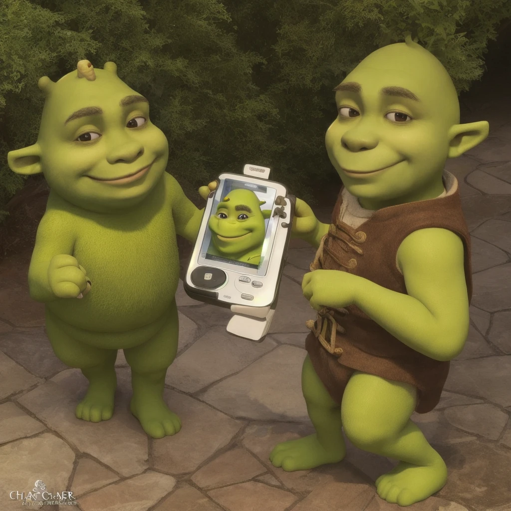 Shrek the cartoon charcater talking to phone