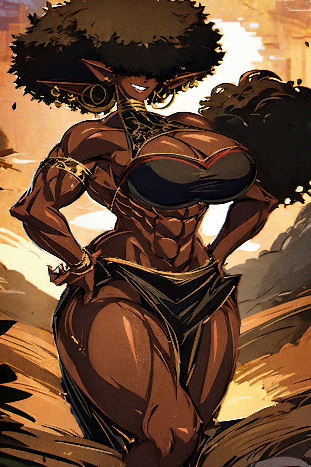 (masterpiece, best quality:1.2),1 girl, voluptuous body, full body, masterpiece, dominant pose, good , no extra limbs, big , thick thighs, black hair, voluminous afro, pointy ears, gold earrings, black top with red details, black skirt with red details, gold necklaces. while  huge  hair covering eyes no eyes