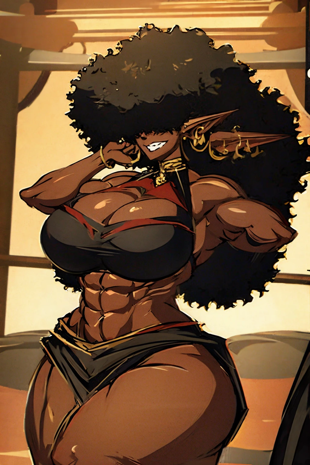 (masterpiece, best quality:1.2),1 girl, voluptuous body, full body, masterpiece, dominant pose, good anatomy, no extra limbs, big ass, thick thighs, black hair, voluminous afro, pointy ears, gold earrings, black top with red details, black skirt with red details, gold necklaces. while hips huge ass hair covering eyes no eyes