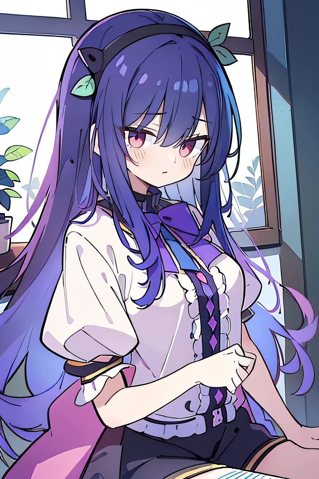 (Best Quality: 1.3), (Masterpiece: 1.3), (Illustration: 1.3), (Ultra Detailed: 1.3), (Imide Lens: 0.9), 1girl, Medium Breasts, Purple Eyes, ((Dark Blue Hair) ), hair accessories, young, clothing-gladiia, long hair, dark blue hair, indoors, black shorts, high socks, low ponytail, expressionless, upper body, close-up, coat, skirt,