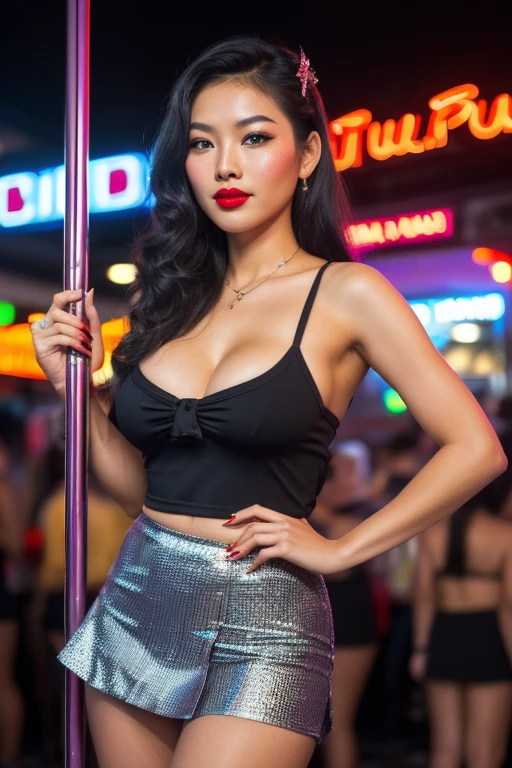 1 thai girl, sexy girl, strikingly beautiful, black hair, big breasts, delicate facial features, porcelain skin, red lips, eyes hook the soul seduces you, ((masterpiece, amazing quality)), (unity 8k wallpaper), (absurdres), (ultra detailed, ultra highres:1.5), (pole dancers), light blue stewardess uniform, colorful tight pencil mini skirt, Pin Up hairstyle, show panty, white panty, ((awe and joy expression)), (pole dance stage), on the stage, high stage, crowded people, full body, from below, Pumpui Bar Bangla Road Phuket Thailand, night, neon, looking down at viewer,