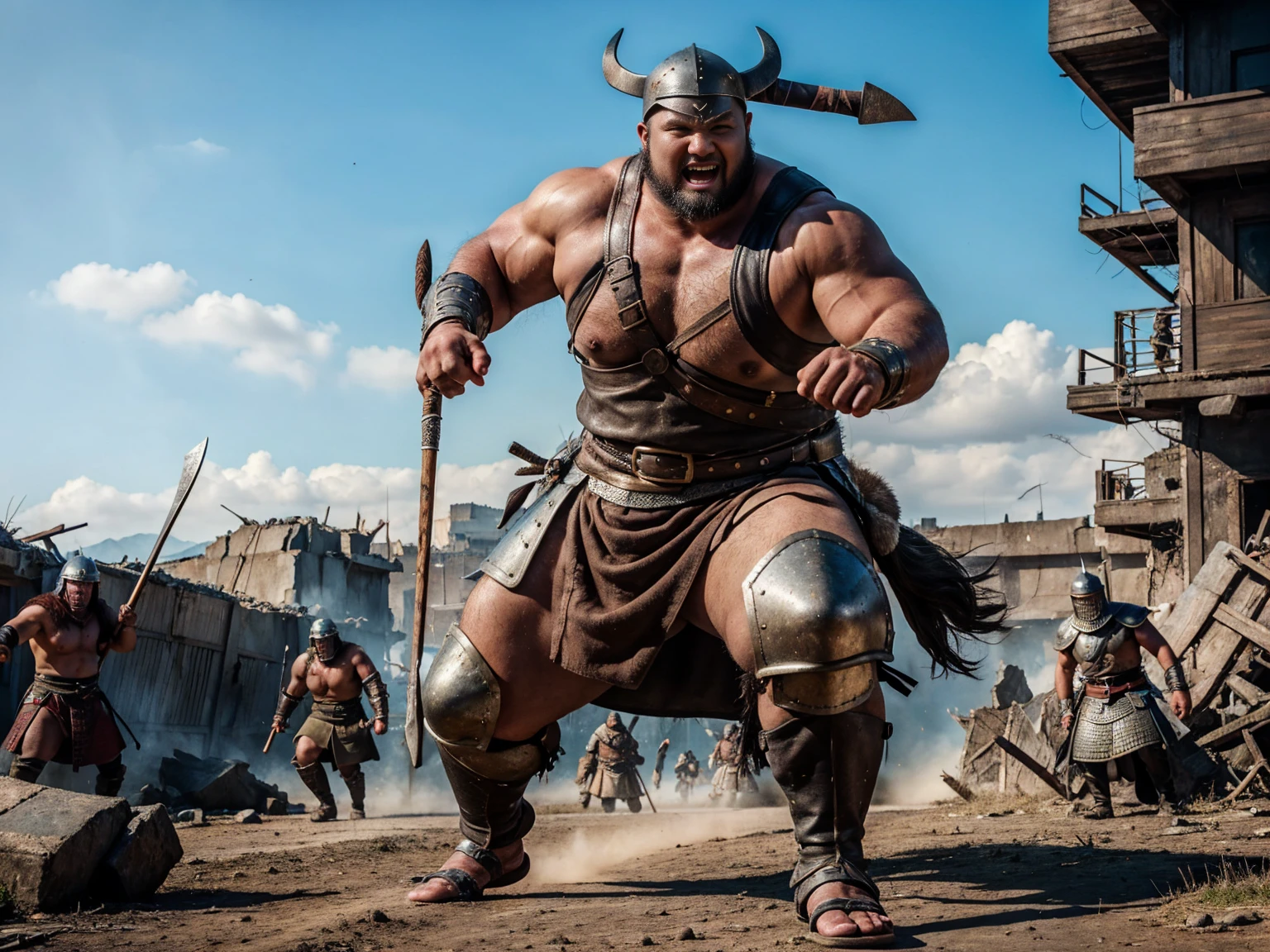 looking at us, Staring Intently, face focus, Bandit, Fat ferocious barbarian:2, This barbarian is a robust stocky Japanese, smirking, lets out a yell, mid combat, intense battle scene, leather and iron armor, armored short skirt, holding a Viking War Axes, viking helmet, legs exposed from thighs to feet, fierce warriors, ancient battlefields, epic showdown, battleground background, breathtaking action, masterpiece, volumetric lighting, Dramatic, Uighur the Warden, breathtaking action, dynamic poses, bald, ((ultra sharp)), ((masterpiece)), ((best quality)), ((ultra detailed)), ((intricate details)), Inguinal region detailed, Dilapidated, destroyed city after big air raids, fire, A desolate, post-apocalyptic cityscape, A brutal scene, casting an ominous shadow,