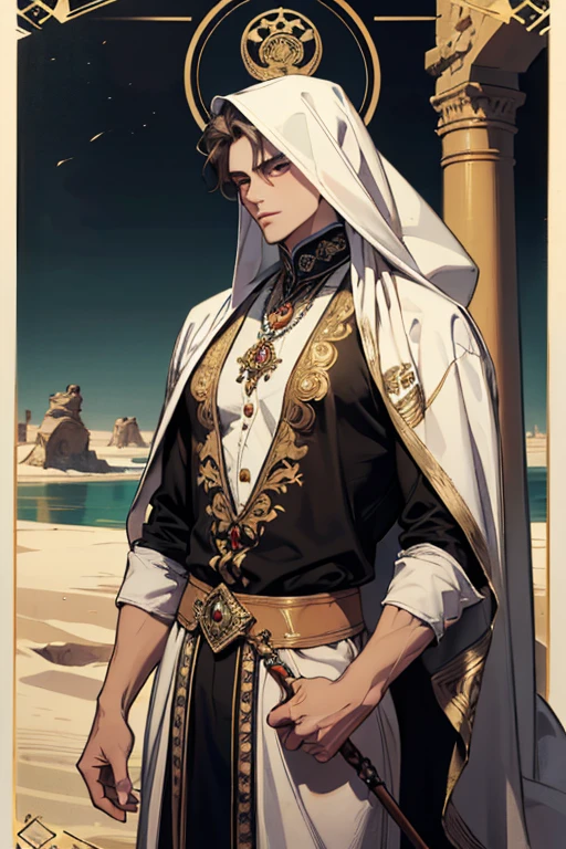 (absurdres, highres, ultra detailed), 1 male, adult, handsome, tall muscular guy, broad shoulders, finely detailed eyes and detailed face, the fool \tarot\, desert, camel, middle eastern clothes, Symbolism, Visual art, Occult, Universal, Vision casting, Philosophical, Iconography, Numerology, Popularity, Artistic, Alfons Mucha