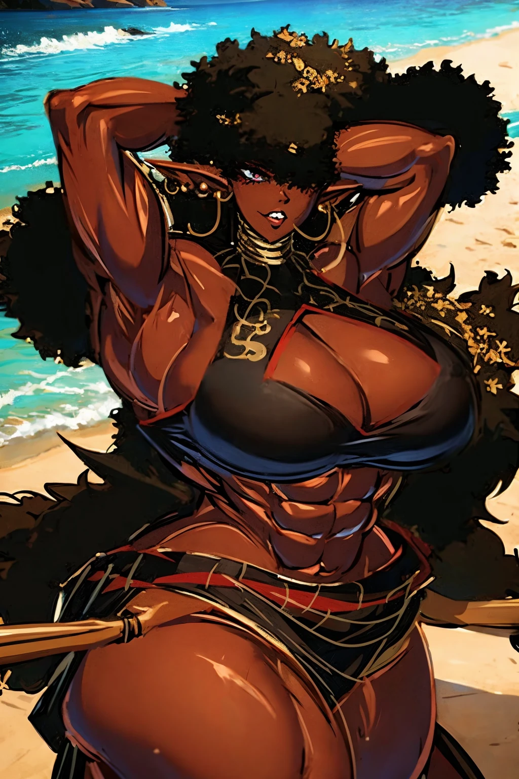 (masterpiece, best quality:1.2),1 girl, voluptuous body, full body, masterpiece, dominant pose, good anatomy, no extra limbs, big ass, thick thighs, black hair, voluminous afro, pointy ears, gold earrings, black top with red details, black skirt with red details, gold necklaces hair covering eyes no eyes huge butt wide hips