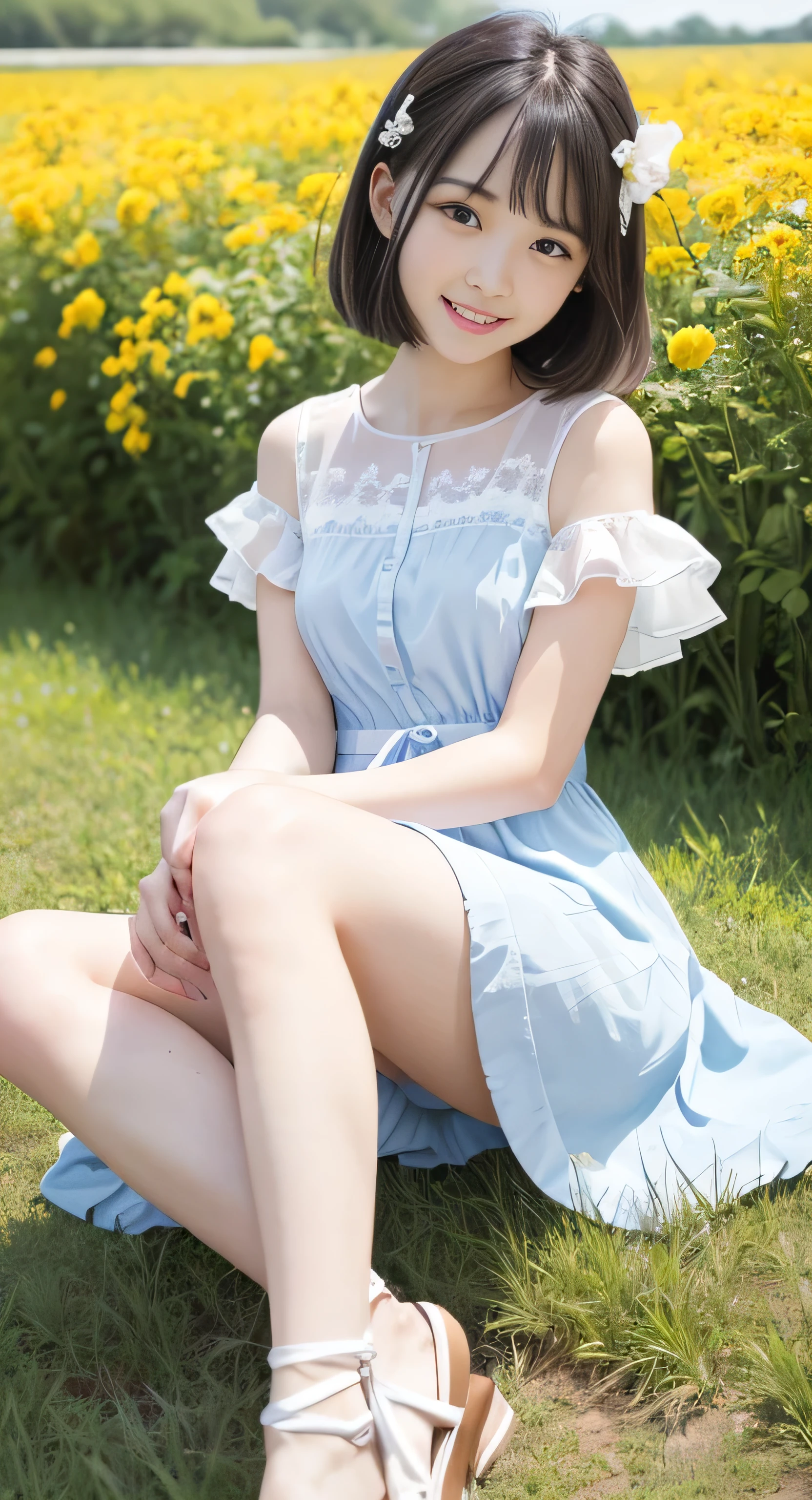 A close up of a woman sitting on the ground near a field of flowers ...