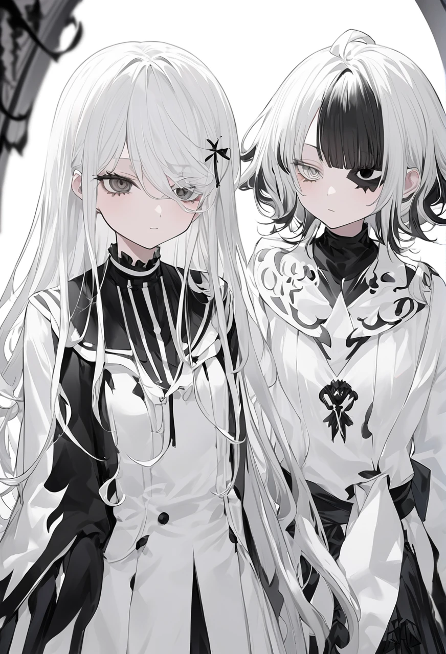 Anime Style、(一人のGirl)、Black and White、Black and White、A lot of black、Lots of black、Girl、(黒色と白色のGirl)、黒と白のGirl、Black and white hair、Half black, half white、Half black, half white hair、Black and white mixed、Black and white mixed、黒と白が混じったGirl、Black and White Incarnation、((A personification of black and white))、Black and white embodiment、Black and white personification、Right Meguro、Black right eye色、Black right eye、Left eye white、White left eye色、White left eye、Black right eye、White left eye、one piece、skirt、Black and white outfit、(((Black and white clothes)))、(((Black and white clothes)))、Quiet personality、Gives a sense of mystery