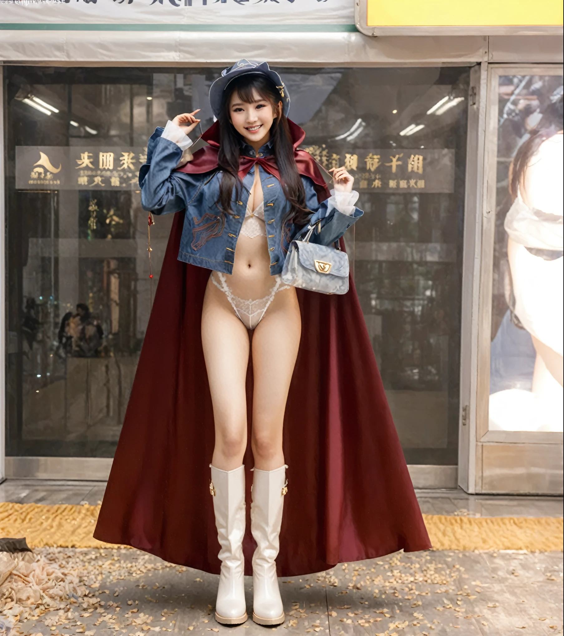 Girl girl wearing sexy lingerie and cape, full body xianxia, Smile, Put on your hat, Denim outerwear, Transparent white underwear，Transparent clothes，High-cut bra，Huge breasts， guweiz masterpiece, wearing white boots，holding handbag, Rich details throughout the fuselage