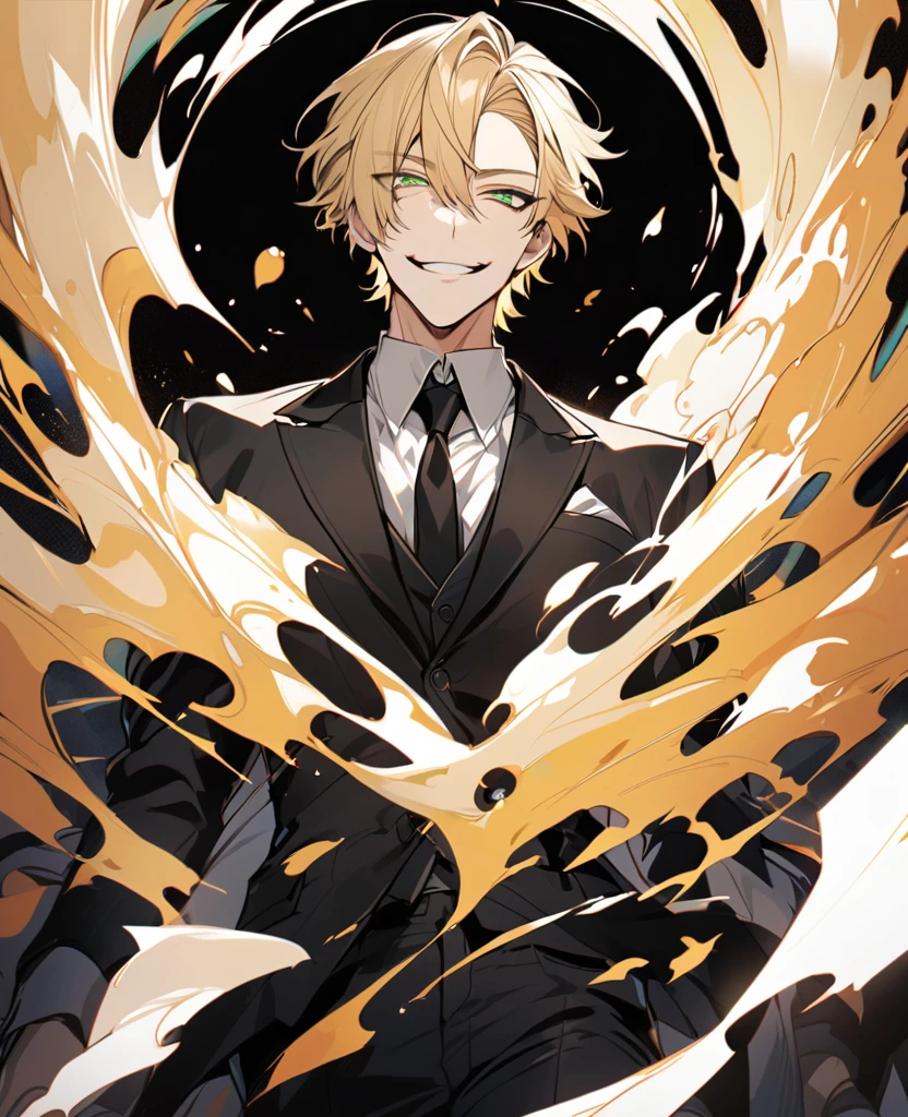 Handsome, 1 male, solo, short hair, with bangs, blonde hair, sharp eyes, green eyes, white shirt, black tie, black jacket, black pants, smile facial.