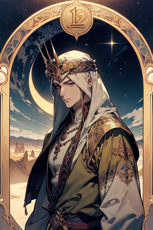 (absurdres, highres, ultra detailed), 1 male, adult, handsome, tall muscular guy, broad shoulders, finely detailed eyes and detailed face, the fool \tarot\, desert, camel, middle eastern clothes, Symbolism, Visual art, Occult, Universal, Vision casting, Philosophical, Iconography, Numerology, Popularity, Artistic, Alfons Mucha
