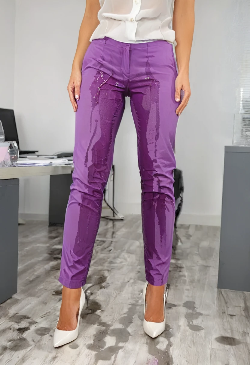 attractive redhead woman wearing purple dress pants, high heel pumps, white blouse, standing in an office, wetting, big smile, pee stains are gleaming wet, pants really soaked with pee
