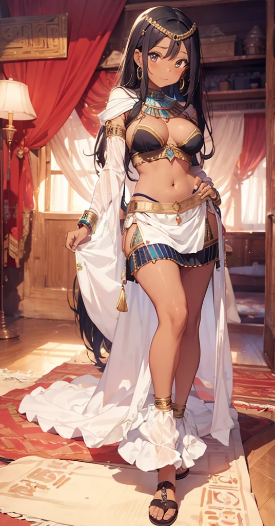 a woman in a traditional egyptian outfit and blue jewelry standing on room , 2girl, jewelry, solo, dark-skinned female, navel, dark skin, long hair, armlet, hand on hip, earrings, midriff, black hair, bracelet, breasts, skirt , smile