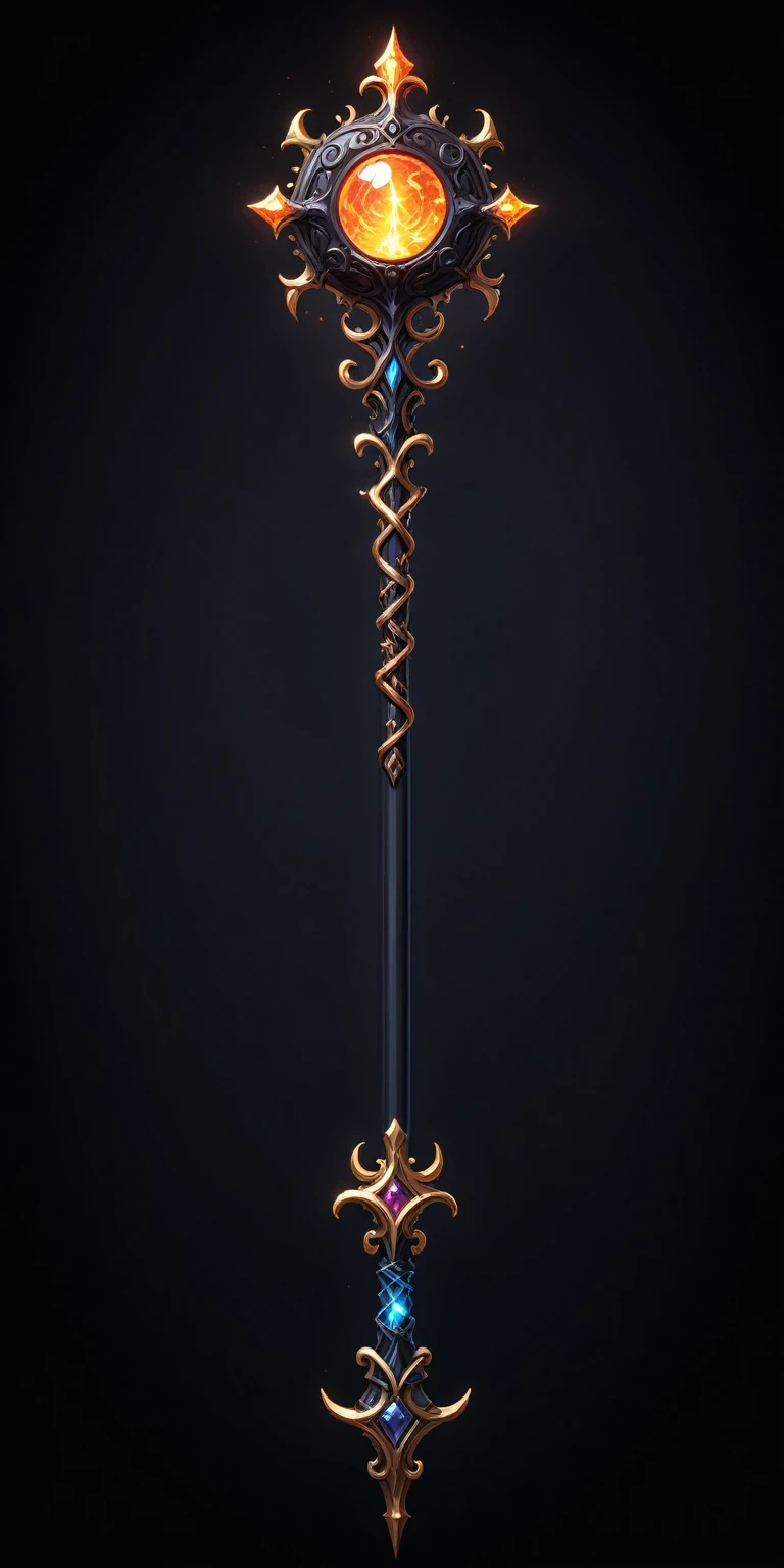 pixel art, cartoon illustration, Divine glavie greatstaff, Powerfull Magical theme, simple black background, RPG game icon