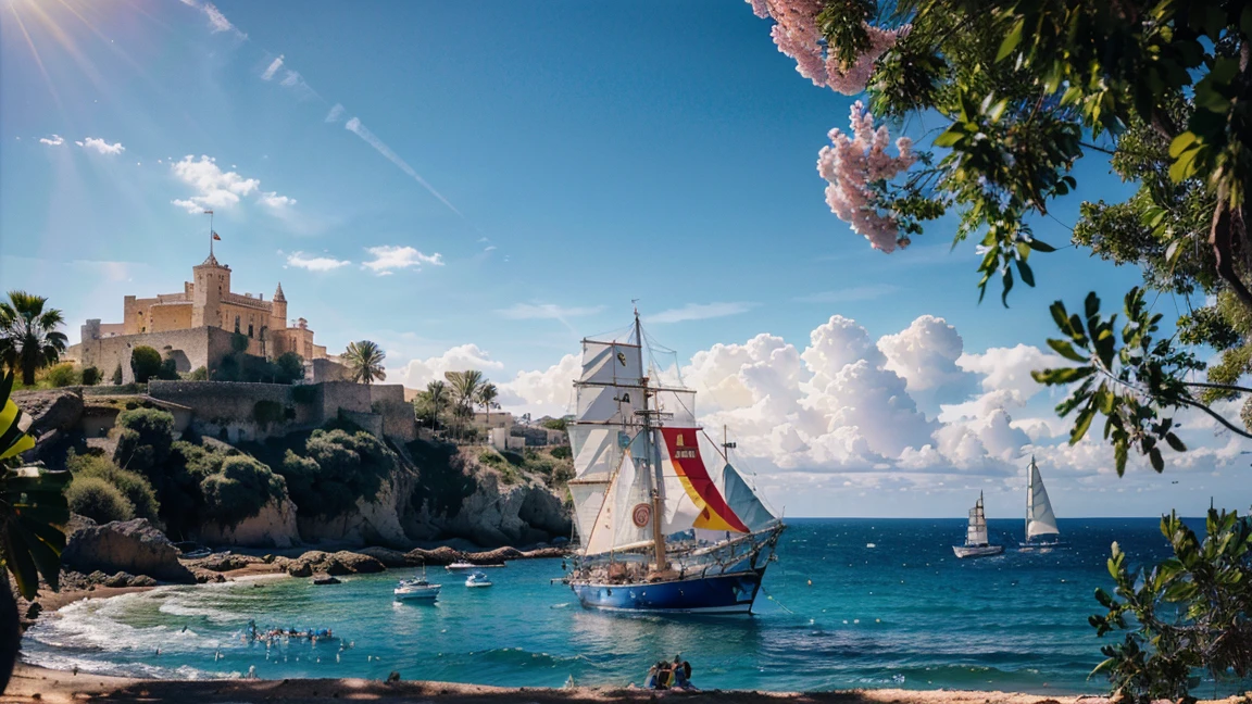 (Castell de Eivissa in Ibiza, Spain, background with water, yachts, boats, detailed architecture, people, vibrant atmosphere), (best quality,4k,8k,16k,Highest,masterpiece:1.2),(realistic,photorealistic,photo-realistic:1.37), (extremely detailed CG unit, 16k wallpaper), 16k UHD, 16k HDR, Fujifilm XT3 sharp focus, professional lighting, vivid colors, intricate details, film grain, Fujifilm XT3 realistic painting art, f5.6, physically-based rendering, natural lighting, cinematic lighting ,dramatic lighting, professional, dynamic movement, colorful lighting, vibrant colors, studio lighting, professional photography, cinematic composition, symmetrical framing, landscape,